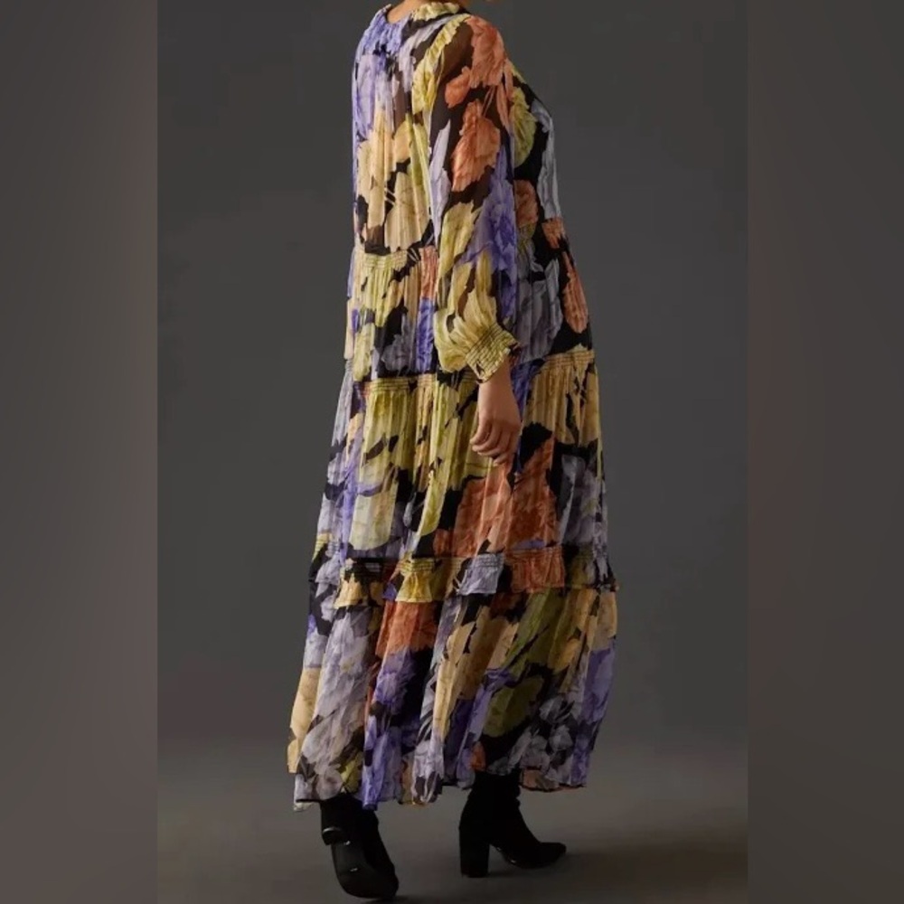 Anthropologie Floral Long-Sleeve Maxi Dress in Black, Yellow & Lavender - Picture 4 of 11